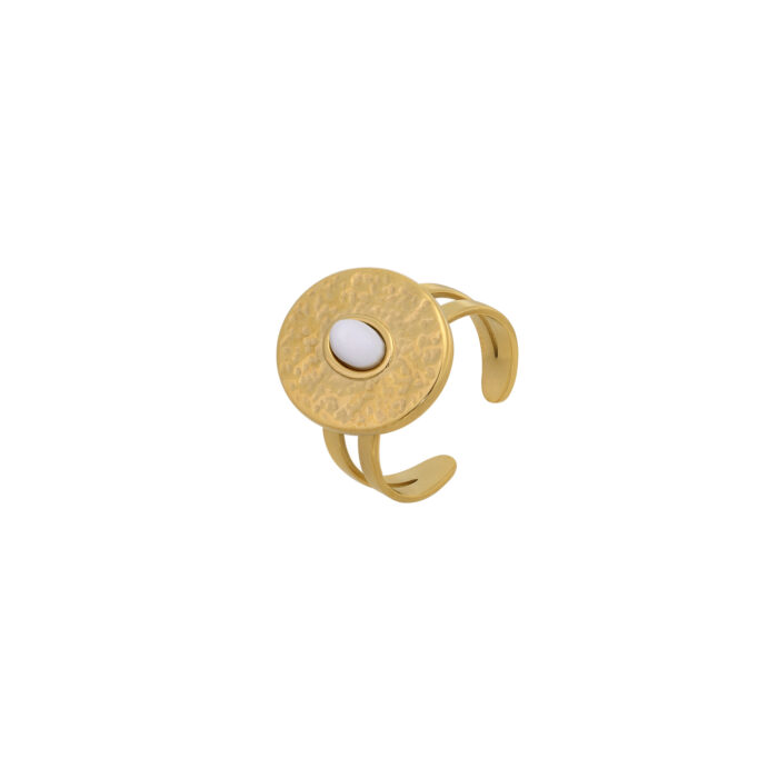 Δαχτυλίδι από ανοξείδωτο ατσάλι χρώματος χρυσό στρογγυλό σφυρίλατο με πέτρα λευκή
